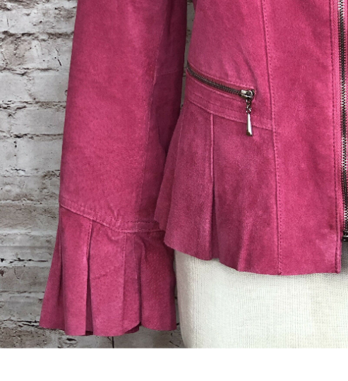 Noora Womens Lambskin Leather Pink Top Style Jacket  Designer Ruffle Sleeve, With Zipper Pink Party Wear Top Jacket UN02