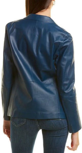 Noora Women's Blue Lambskin Leather Blazer, Office Wear Blazer, Leather Blazer For Meetings, Slim Fit Leather Blazer