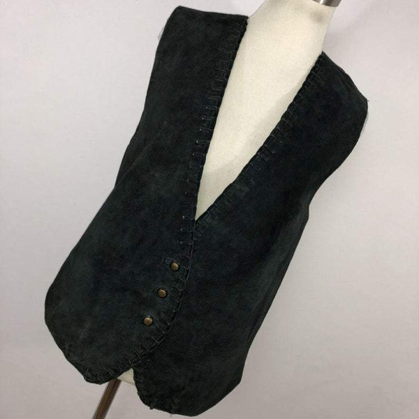 NOORA New Womens Vintage Black Suede Leather Waist Coat, Casual Suede Coat With Button Closure YK0235