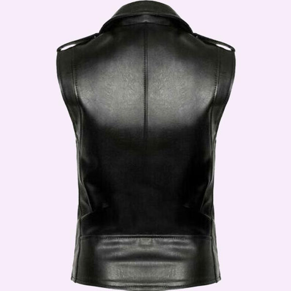 Noora New Womens Lambskin Black Leather Vest Coat With Belted, Designer Biker Sleeveless Coat YK0239