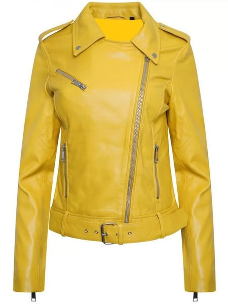 Noora Women's Soft Lambskin Yellow Leather Motorcycle Biker Belted Jacket Gift for Her  SN010