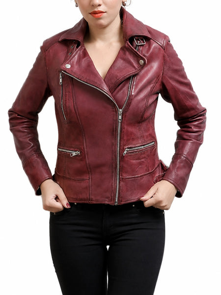 Women's maroon antique leather biker jacket on model, front hero view
