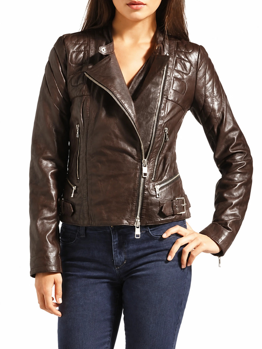 Women's Brown leather jacket with a Cinched back