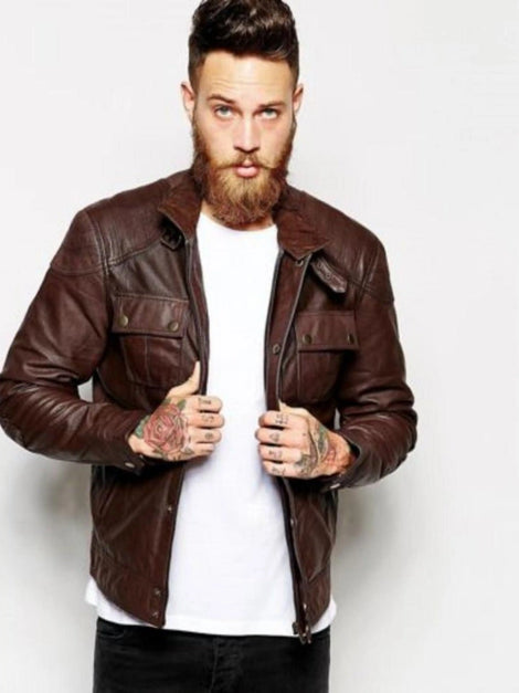 Lambskin Mens Antique Brown Leather Jacket, Cowboy Shiny Jacket, Motorcycle American Style Jacket