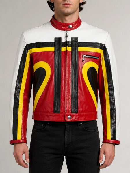 Noora Men's Lambskin Red, Black, Yellow & White fit Motorcycle style Color Block Leather Jacket YK0243 — standardized 4K restored centered human-model hero image
