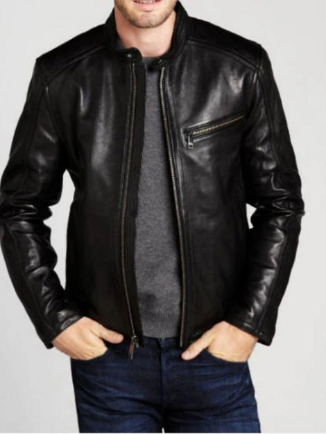 Lambskin Mens Black Leather Jacket, Casual Glossy Black Biker Jacket, Best