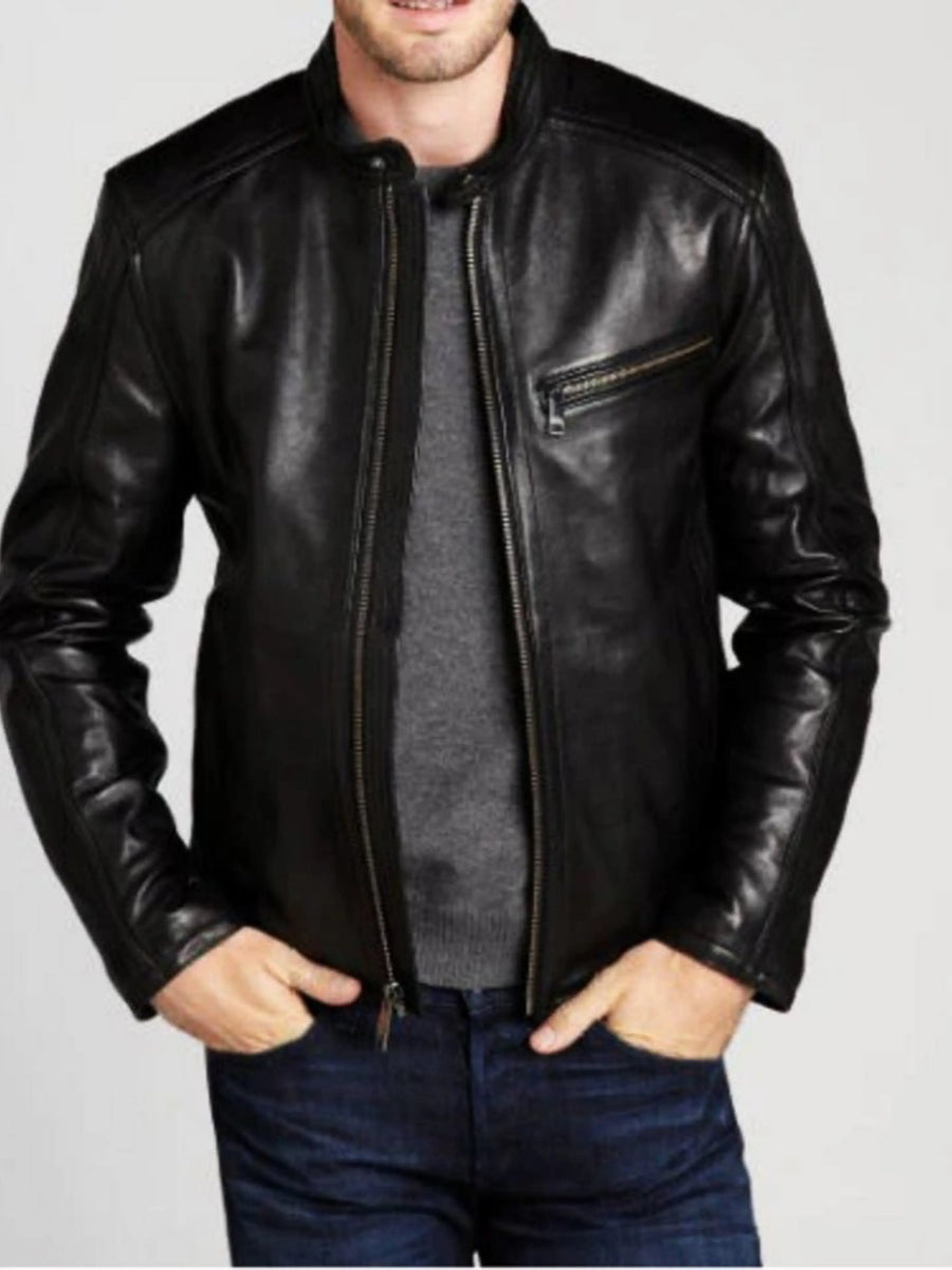 Lambskin Mens Black Leather Jacket, Casual Glossy Black Biker Jacket, Best