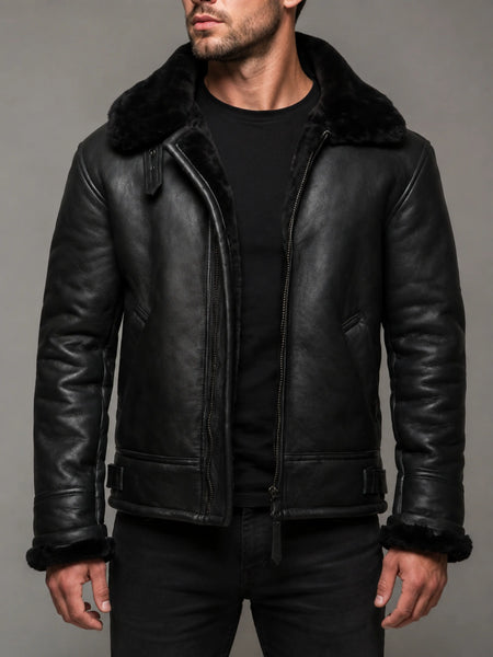 Noora New Black Lambskin Bomber Jacket Fridge Leather Casual Jacket Winter Style Jacket SJ97 — standardized 4K restored centered human-model hero image