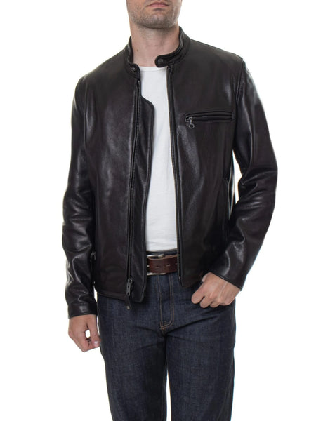 NOORA Men's Real Lambskin Black Leather Jacket With Zipper & Pocket | Band Collar Jacket | Cafe Racer Jacket | ST0350 — standardized 4K restored centered human-model hero image