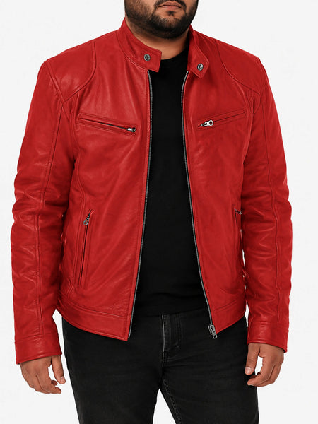Noora Mens lambskin leather Red Stylish jacket with Zipper & Snap & Stand Collare Jacket SK122 — standardized 4K background-preserved hero image