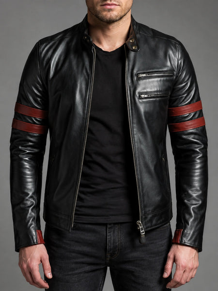 NOORA New MEN FLIGHT RETRO HYBRID RED STRIP MOTORBIKE BLACK LEATHER JACKET WA603 — standardized 4K restored centered human-model hero image