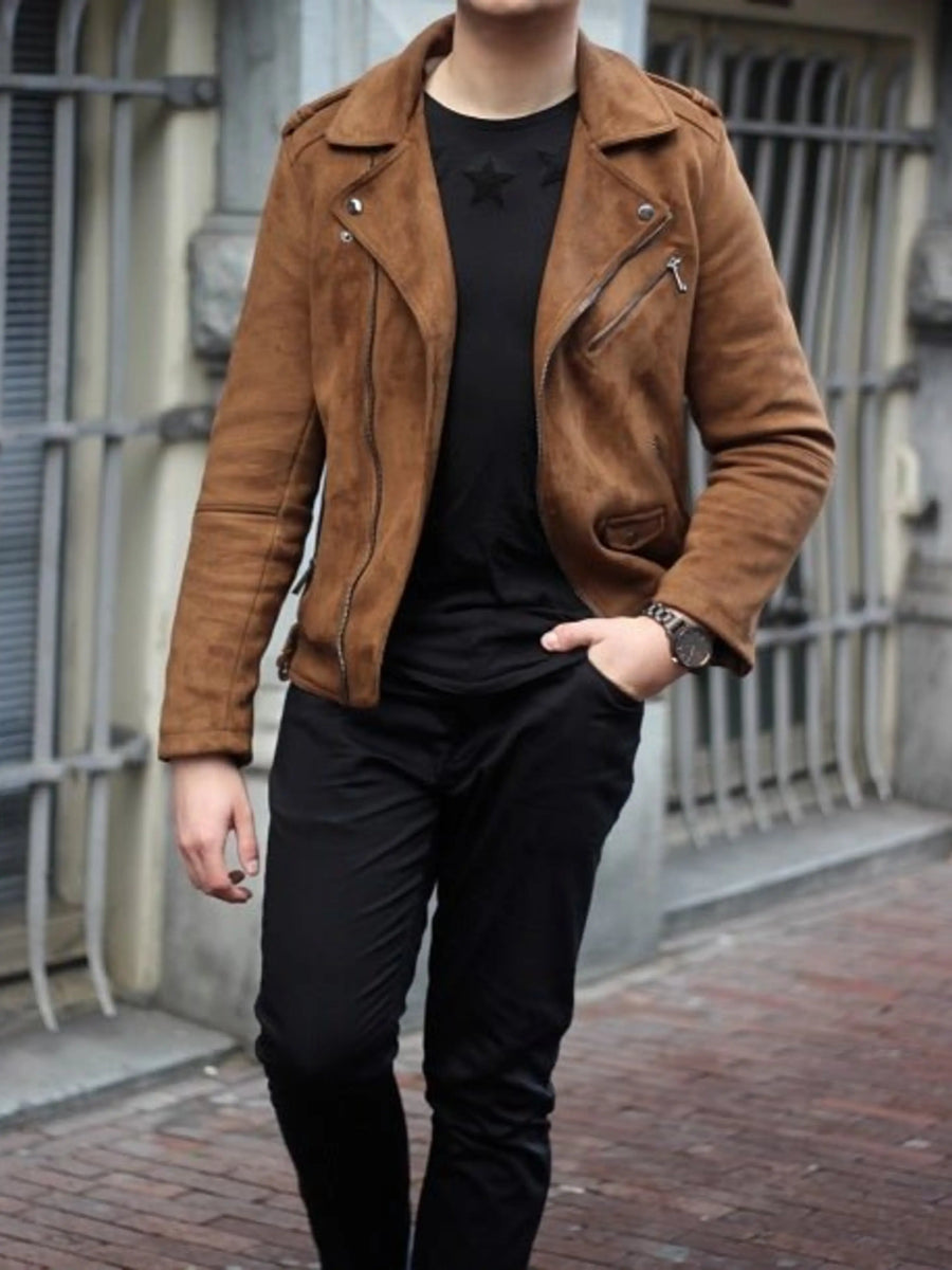 Men’s Tan Brown Suede Biker Jacket