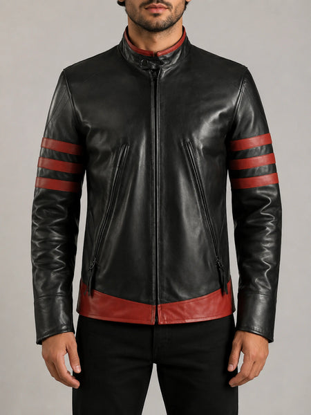 Noora Mens Black Jacket With Brown Strips Biker Leather Jacket | Color Block Leather Jacket | Wolverine Black Leather Jacket SU0853 — standardized 4K restored centered human-model hero image