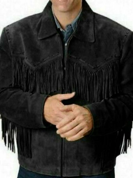Noora New Men's 100% Lambskin  Black Suede Leather Fringe Jacket With  Zipper Designer 80's Style Leather Fringe  Jacket — standardized 4K background-preserved hero image
