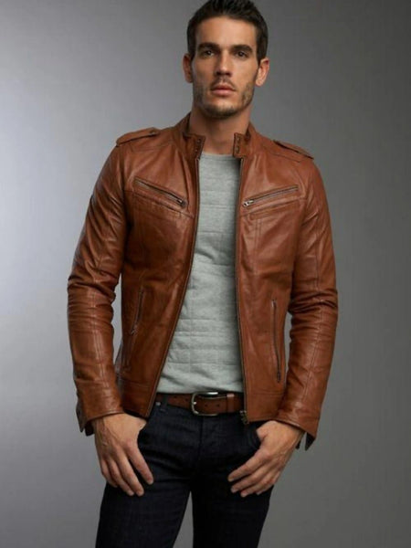 Noora Mens Lambskin Brown Leather Jacket | Stylish Motorcycle Jacket With Multi Zipper Pocket | Western Designer — standardized 4K background-preserved hero image