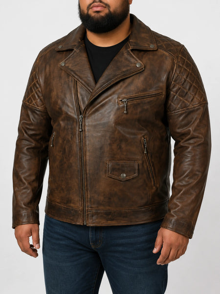 Noora Men Antique Brown Lambskin Leather Biker Jacket Designer Handmade Quilted Jacket With Zipper SU01 — standardized 4K restored human-model hero image