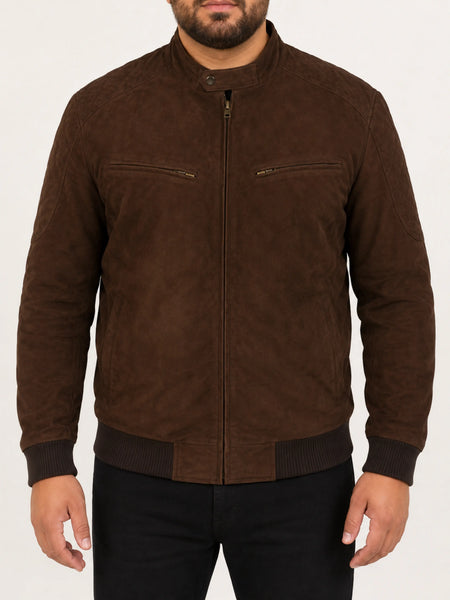 NOORA Men's  Lambskin Dark Brown Suede Biker Jacket  With Zipper & Pocket | Bomber Jacket | Band Collar Jacket — standardized 4K studio hero image