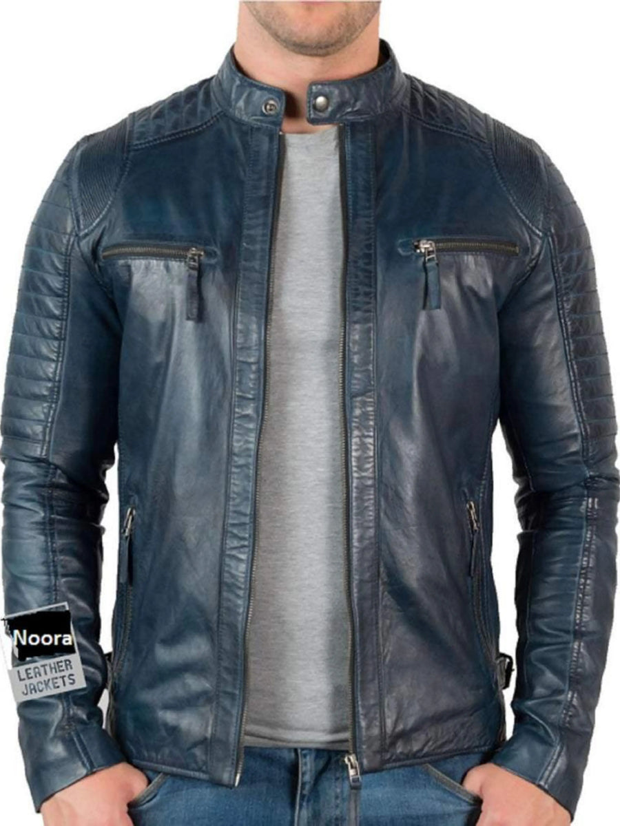 Mens Lambskin Blue jacket Vintage Leather Biker Motorcycle Jacket Fridge retro leather jacket