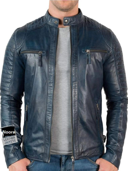 NOORA Mens Lambskin Blue jacket Vintage Leather Biker Motorcycle Jacket Fridge retro leather jacket SJ153 — standardized 4K background-preserved hero image