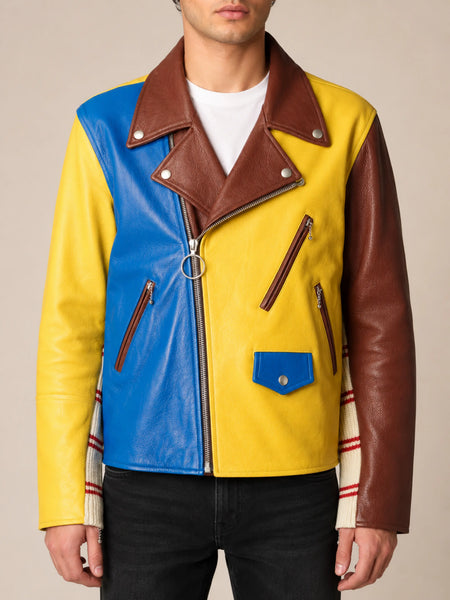 NOORA Mens Lambskin Leather Multicolor Biker Jacket With jacket & Pocket | Color Block Jacket | ST0175 — standardized 4K restored centered human-model hero image