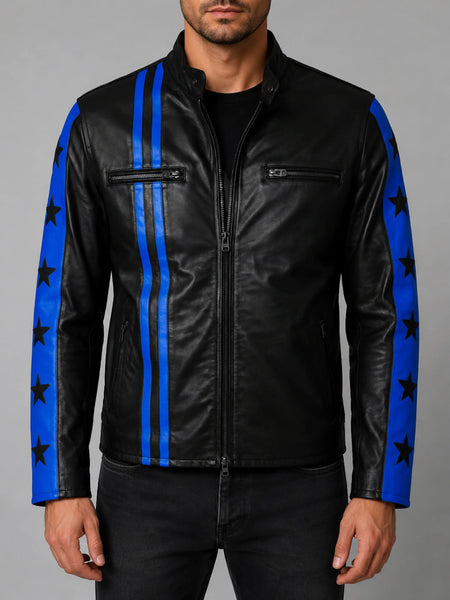 NOORA Mens Lambskin Leather Colour Block Biker Jacket With Zipper & Pocket | Star Motif On Sleeves | Black & Blue Combination | ST0173 — standardized 4K restored centered human-model hero image
