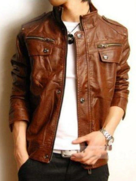 Noora Mens Brown Biker Rider Leather Jacket With Zipper Closure & Snap | Brown Café Racer Leather Jacket | SU0116 — standardized 4K background-preserved hero image