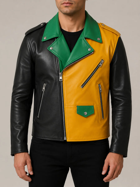 Noora Mens Lambskin Leather Color Block Leather Jacket | Multi Color Leather Jacket | Black & Yellow Biker Leather Jacket SU0181 — standardized 4K restored centered human-model hero image