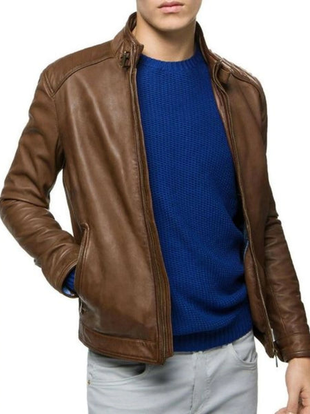 NOORA Mens Brown Cafe Racer Vintage Distressed Retro Biker Motorcycle Real Genuine Leather Jacket SJ409 — standardized 4K restored centered human-model hero image