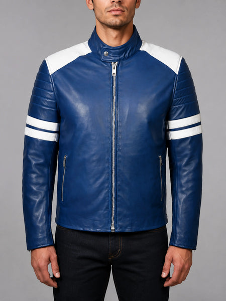 Noora Mens Lambskin Colour Block Quilted Leather Jacket | Jacket with White Strips | ST063 — standardized 4K restored centered human-model hero image