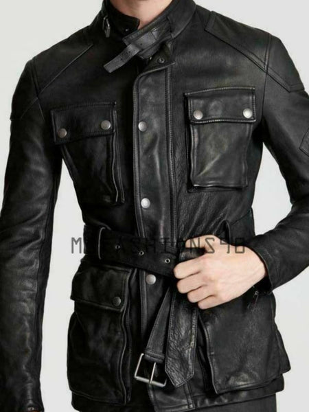 Noora Mens Black Belted Collar Leather Trench Coat With Snap Closure | Black Belted Collar Panther Leather Coat | Jet Black Trench Coat SU0126 — standardized 4K background-preserved hero image