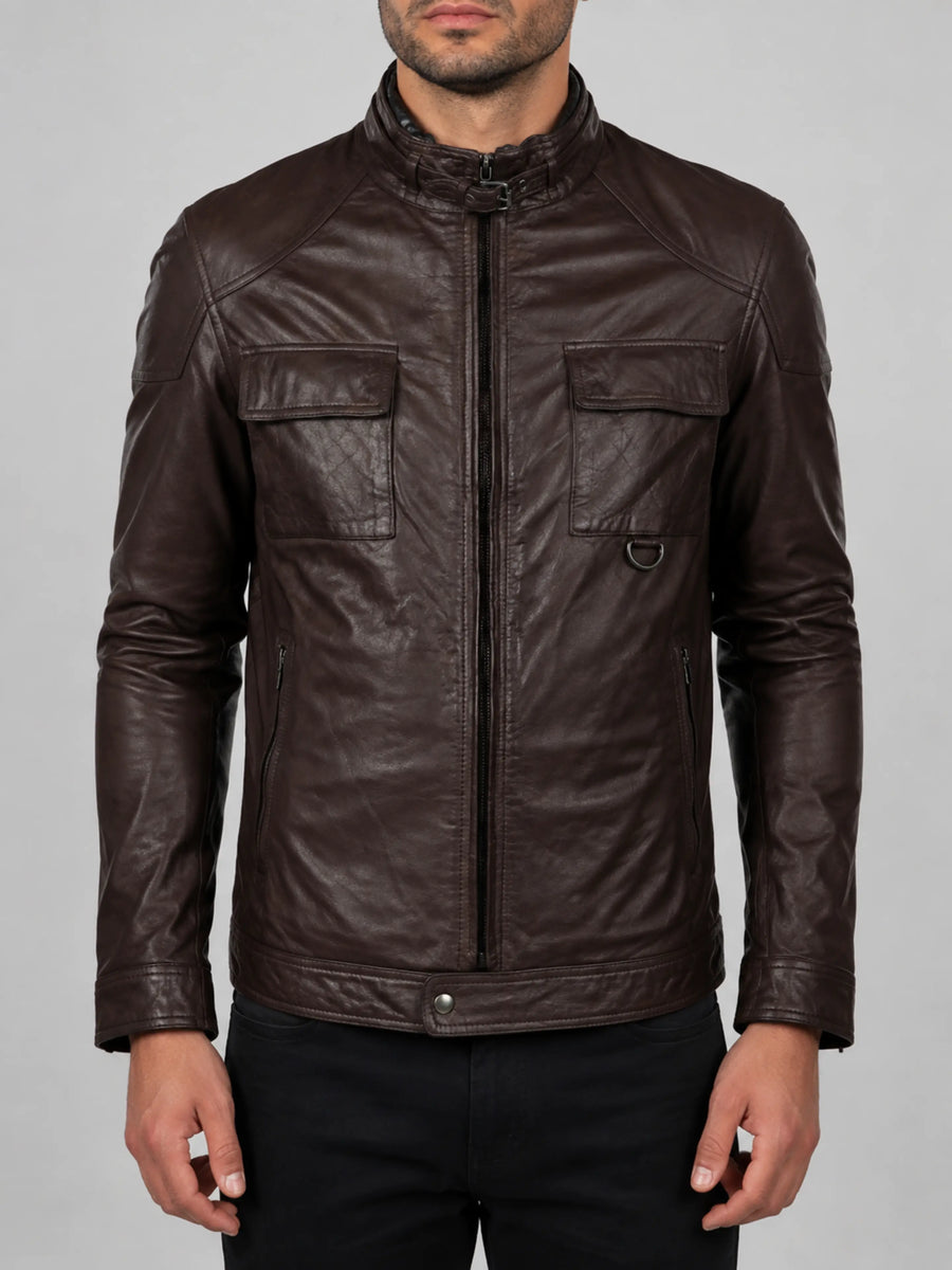 Mens Lambskin Brown Leather Jacket With Zipper & Pocket, Slim Fit Jacket