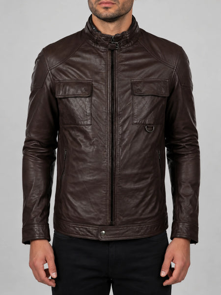 NOORA Mens Lambskin Brown Leather Jacket With Zipper & Pocket | Slim Fit Jacket | ST086 — standardized 4K restored centered human-model hero image