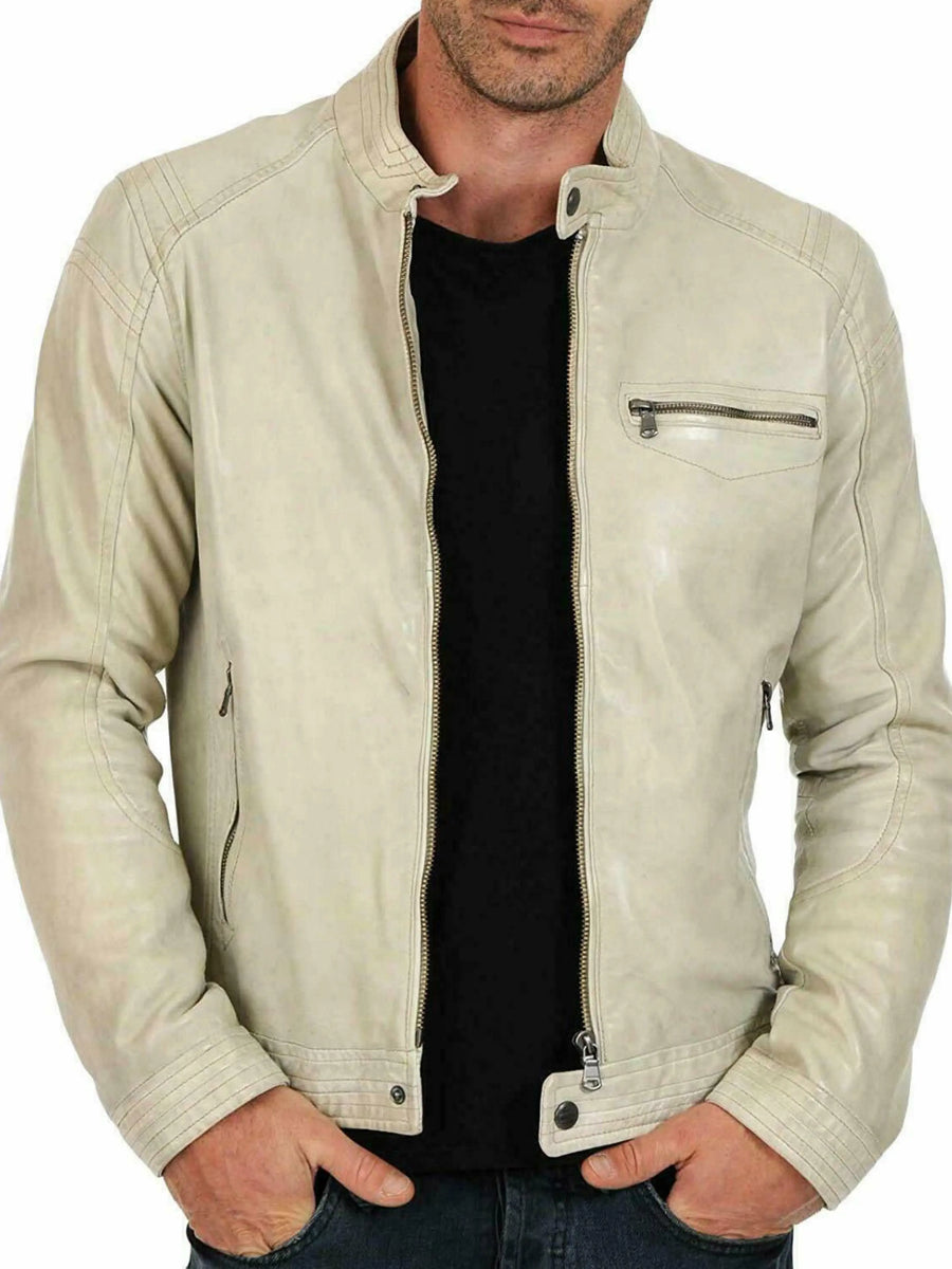 Men Real Lambskin Cream Cafe Racer Leather Shirt Stylish Biker