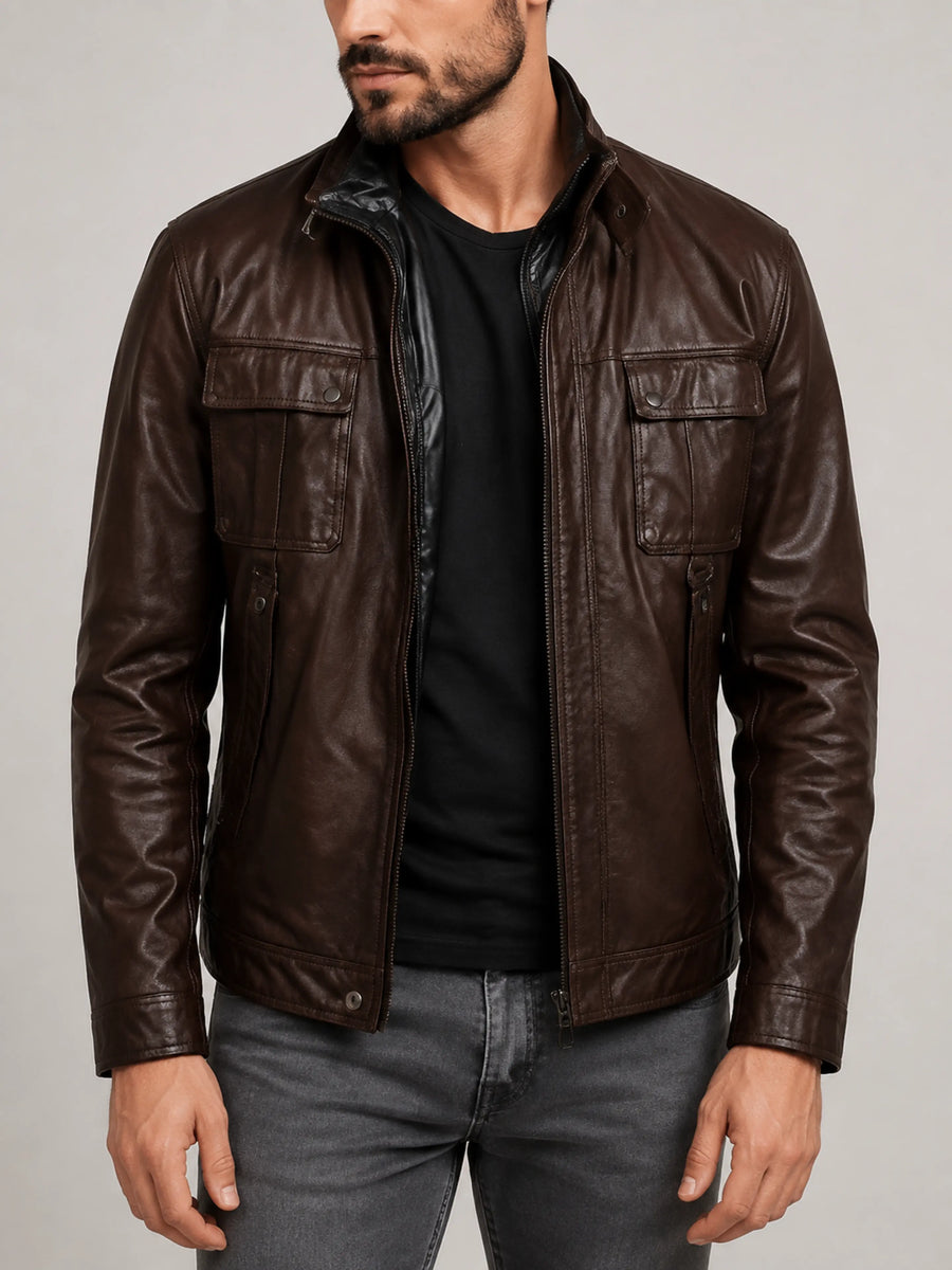 Mens Real Lambskin Leather Biker Jacket With Zipper & Pocket