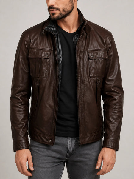 NOORA Mens Real Lambskin Leather Biker Jacket With Zipper & Pocket BS-50 — standardized 4K restored centered human-model hero image