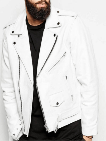 NOORA Mens White Leather Biker Jacket With Zipper & Pocket | Shoulder Strap | Snap On Collar | Belted Jacket | ST028 — standardized 4K background-preserved hero image