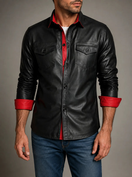 Noora Men's Lambskin Leather Black & Red Combination Leather Shirt | Black Leather Shirt | Color Block Leather Shirt SU0189 — standardized 4K restored centered human-model hero image