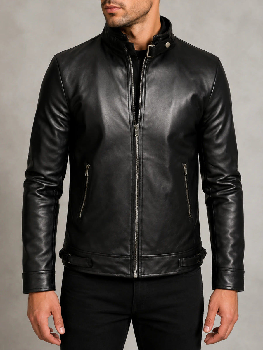 Mens Black Belted Leather Jacket With YKK Zipper Jacket, Black Biker Leather Jacket