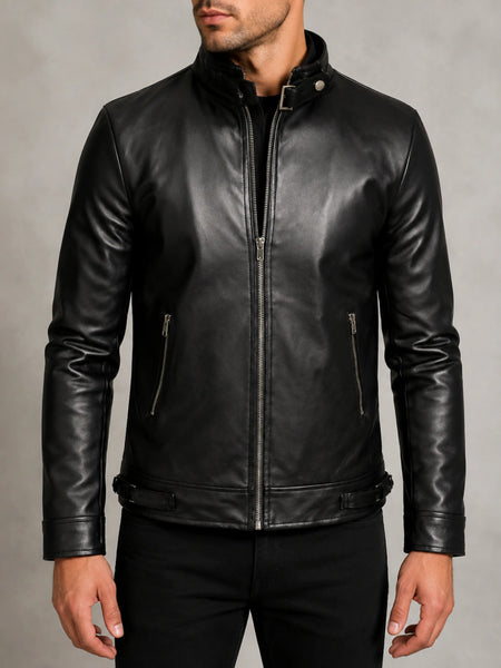 Noora Mens Black Belted Leather Jacket With YKK Zipper Jacket | Black Biker Leather Jacket | SU0127 — standardized 4K restored centered human-model hero image