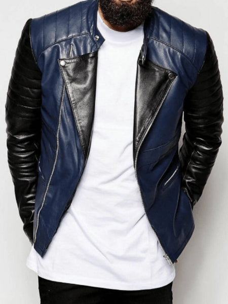Noora New Mens Lambskin Leather Casual Color Block Black & Navy Blue Combination Quilted Leather Jacket With Zipper & Pocket SU078 — standardized 4K background-preserved hero image