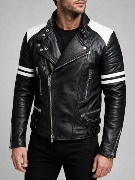 Noora Men's Lambskin Leather Black And White Combination Quilted Biker Jacket With Branded YKK Zipper | Black Leather Jacket SU052 — standardized 4K restored centered human-model hero image