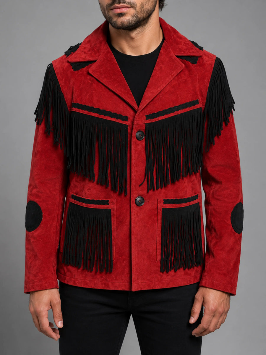 Men's Lambskin Suede Leather Red & Black Combination Fringe Biker Racer Jacket With Button