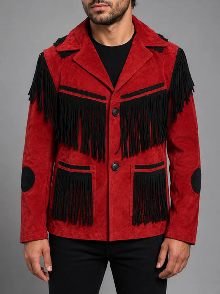 Noora Men's Lambskin Suede Leather Red & Black Combination Fringe Biker Racer Jacket With Button SU0321 — standardized 4K restored centered human-model hero image