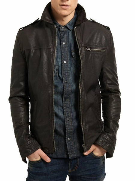 NOORA Mens Real Lambskin Black Leather Biker Jacket With Zipper & Pocket | Shoulder Strap | ST0126 — standardized 4K restored centered human-model hero image