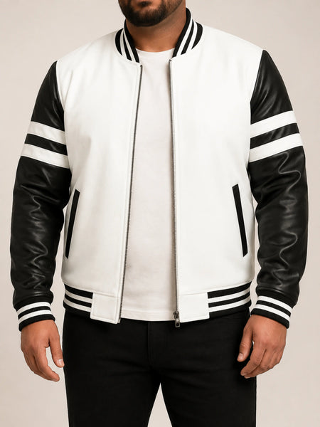 Noora Mens Leather Wolverine White Jacket with White Strips on Black Sleeves Jacket | Bomber Biker Leather Jacket| — standardized 4K studio hero image