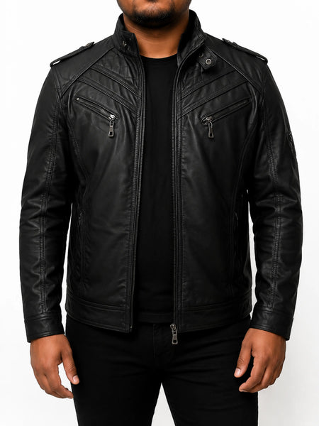 Mens Lambskin Black Leather Jacket, Vintage Slim Fit Cafe Racer Biker Jacket, Quilted Designer