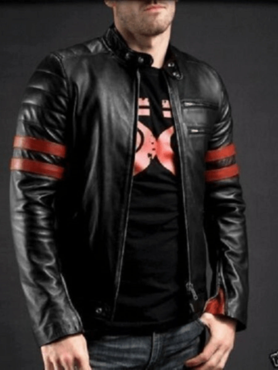 Men's Lambskin X-men Wolverine Black & Red Strips Biker Leather Jacket, Vintage Jacket, Biker Jacket