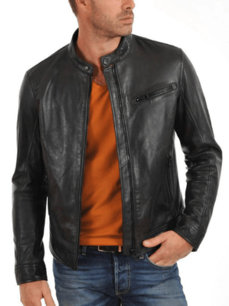 Mens Lambskin Black Leather Biker Jacket With Zipper & Pocket, Band Collar