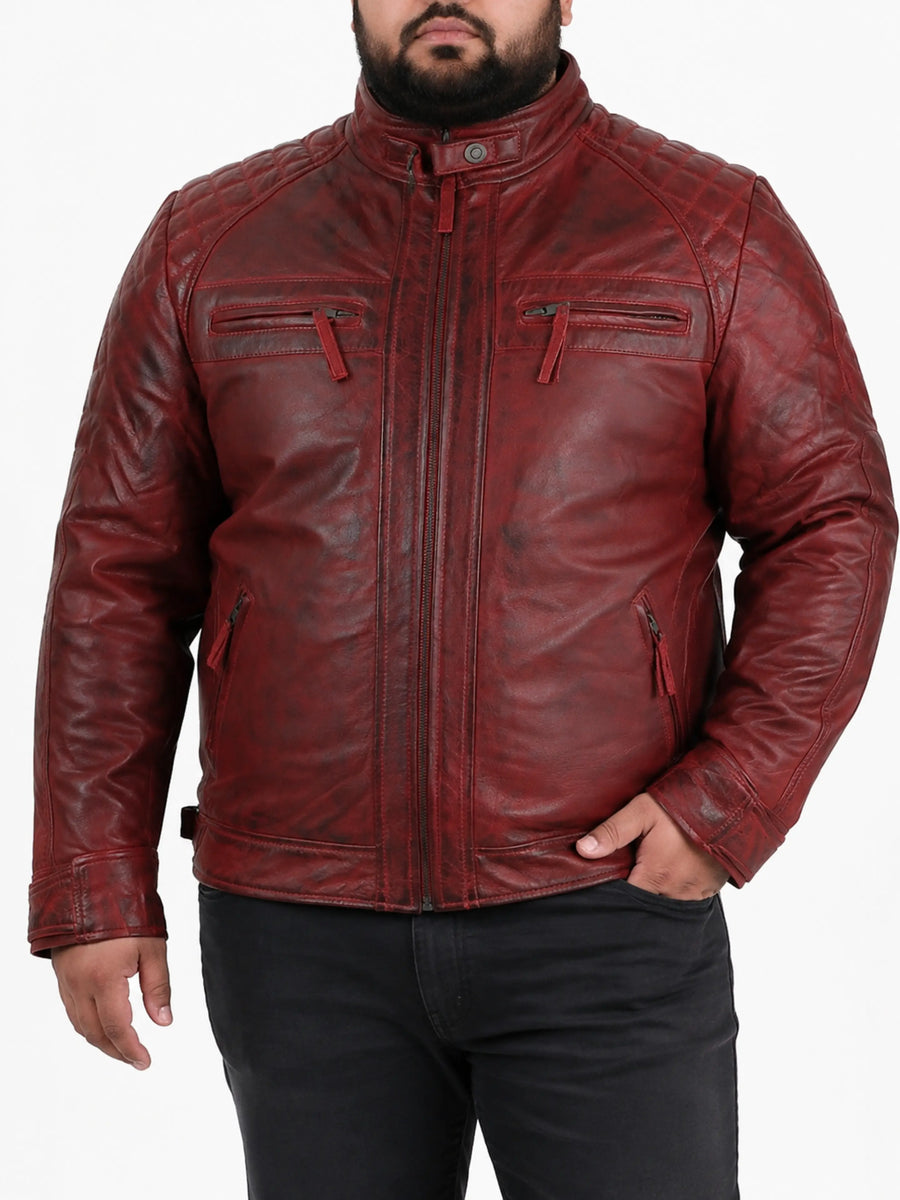 Men's Lambskin Antique Red Leather Jacket, Moto Biker Jacket, Vintage Quilted Designer & Multi