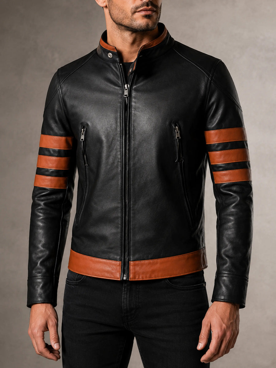 Men's Lambskin Black Jacket with Tan Brown Strips Biker Vintage Jacket Motorcycle Biker Jacket
